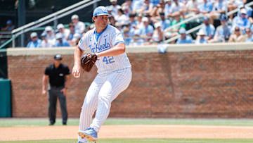 Jun 8, 2025; Chapel Hill, NC, USA; North Carolina pitcher Jake Knapp (42) pitches the ball during the seventh inning of the Super Regionals game against Arizona in Chapel Hill, North Carolina. Mandatory Credit: Jaylynn Nash-Imagn Images