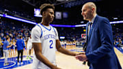 Nov 9, 2024; Lexington, Kentucky, USA; Kentucky Wildcats head coach Mark Pope talks with guard Jaxson Robinson (2) after the game against the Bucknell Bison at Rupp Arena at Central Bank Center. Mandatory Credit: Jordan Prather-Imagn Images