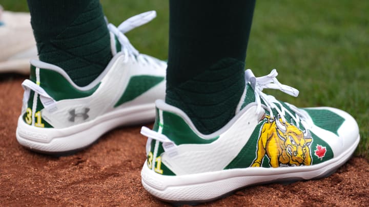 Aug 17, 2024; Oakland, California, USA; The cleats of Oakland Athletics third baseman Abraham Toro (31) before the game against the San Francisco Giants at Oakland-Alameda County Coliseum. Mandatory Credit: Darren Yamashita-USA TODAY Sports