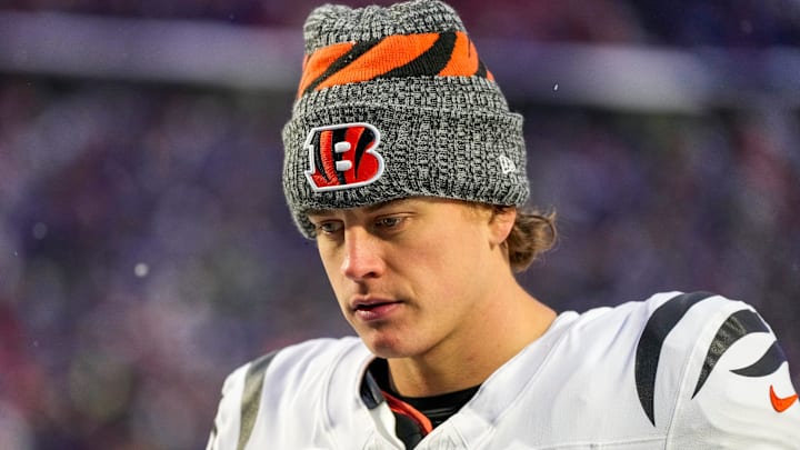 Cincinnati Bengals quarterback Joe Burrow (9) heads for the locker room after the fourth quarter of the NFL Week 14 game between the Buffalo Bills and the Cincinnati Bengals at Highmark Stadium in Orchard Park, N.Y., on Sunday, Dec. 7, 2025. The Bills overcame a halftime deficit to win 39-34.