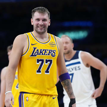 Oct 24, 2025; Los Angeles, California, USA; Los Angeles Lakers guard Luka Doncic (77) reacts in the second half against the Minnesota Timberwolves at Crypto.com Arena. Mandatory Credit: Kirby Lee-Imagn Images