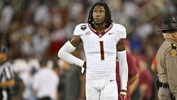 Sep 28, 2024; Dallas, Texas, USA; Florida State Seminoles defensive back Shyheim Brown (1) looks on during the game between the Southern Methodist Mustangs and the Florida State Seminoles at Gerald J. Ford Stadium. Mandatory Credit: Jerome Miron-Imagn Images