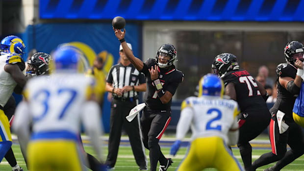 Sep 7, 2025; Inglewood, California, USA; Houston Texans quarterback C.J. Stroud (7 throws the ball against the Los Angeles Ra