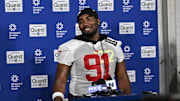 May 9, 2025; East Rutherford, NJ, USA; New York Giants defensive tackle Darius Alexander (91) speaks to members of the press after rookie minicamp at Quest Diagnostics Training Center.