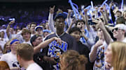 Mar 1, 2025; Provo, Utah, USA; Brigham Young Cougars 2025/-2026 top recruit Aj Dybantsa joins the student section during the second half of the game against the West Virginia Mountaineers at Marriott Center. Mandatory Credit: Rob Gray-Imagn Images