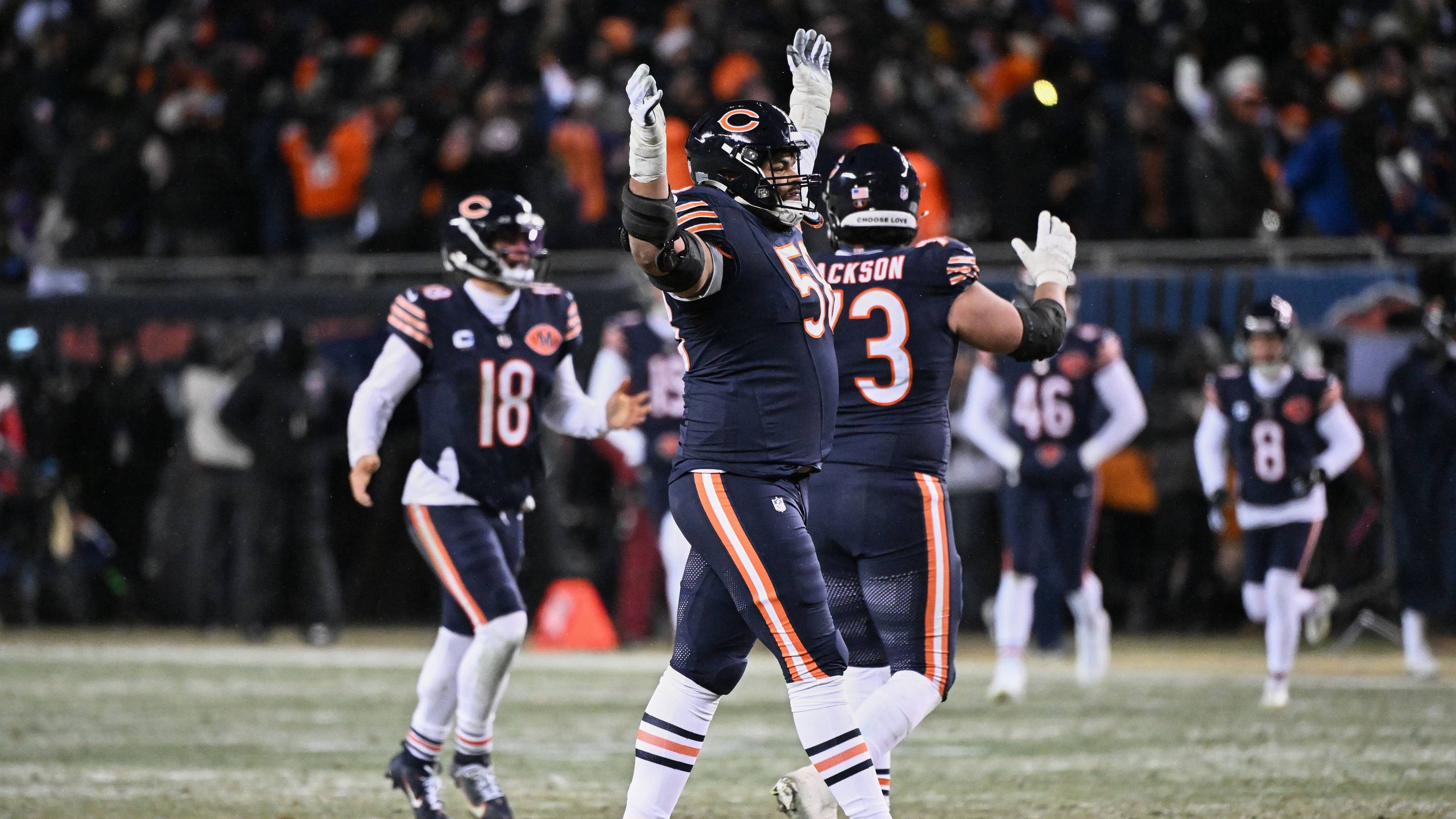 Jan 18, 2026; Chicago, IL, USA; Chicago Bears offensive tackle Darnell Wright (58) celebrates the game-tying extra point by placekicker Cairo Santos (not pictured) against the Los Angeles Rams with eighteen seconds remaining in the fourth quarter of an NFC Divisional Round game at Soldier Field. Mandatory Credit: Matt Marton-Imagn Images