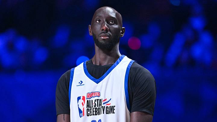 Feb 13, 2026; Los Angeles, CA, USA; Tacko Fall of Team 1 looks on during the NBA All Star Celebrity Game at Kia Forum. 