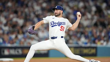 Oct 17, 2025; Los Angeles, California, USA; Los Angeles Dodgers pitcher Alex Vesia (51) pitches against the Milwaukee Brewers in the seventh inning during game four of the NLCS round for the 2025 MLB playoffs at Dodger Stadium. Mandatory Credit: Kirby Lee-Imagn Images