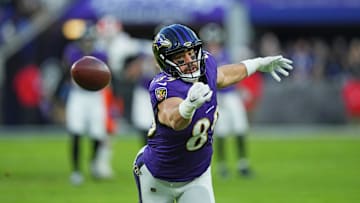 Jan 4, 2025; Baltimore, Maryland, USA; Baltimore Ravens tight end Mark Andrews (89) makes a pass during the first quarter against the Cleveland Browns at M&T Bank Stadium. Mandatory Credit: Mitch Stringer-Imagn Images