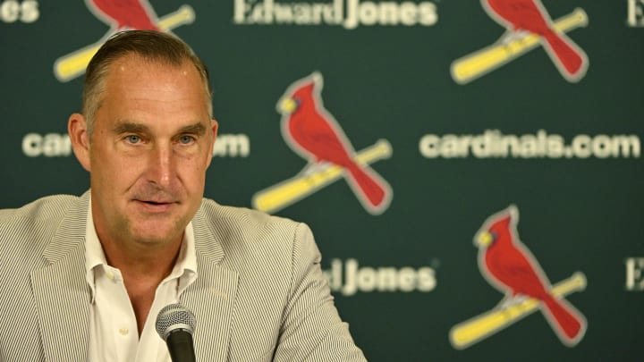 Jul 30, 2023; St. Louis, Missouri, USA;  St. Louis Cardinals president of baseball operations John Mozeliak talks with the media after the Cardinals traded relief pitcher Jordan Hicks (not pictured) starting pitcher Jordan Montgomery (not pictured) and relief pitcher Chris Stratton (not pictured) at Busch Stadium. Mandatory Credit: Jeff Curry-USA TODAY Sports