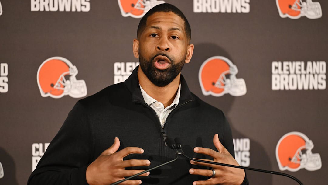Feb 3, 2026; Berea, OH, USA; Executive vice president, football operations and general manager  Andrew Berry speaks to the media during a press conference to introduce new head coach Todd Monken at CrossCountry Mortgage Campus. Mandatory Credit: Ken Blaze-Imagn Images