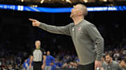 Mar 15, 2025; Charlotte, NC, USA; Louisville Cardinals head coach Pat Kelsey in the second half of the 2025 ACC Conference Championship game against the Duke Blue Devils at Spectrum Center. Mandatory Credit: Bob Donnan-Imagn Images