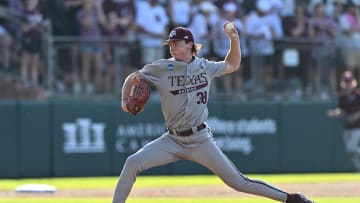 Jun 9, 2024; College Station, TX, USA; Texas A&M pitcher Shane Sdao (38) throws a pitch during the first inning against Oregon at Olsen Field, Blue Bell Park Mandatory Credit: Maria Lysaker-USA TODAY Sports