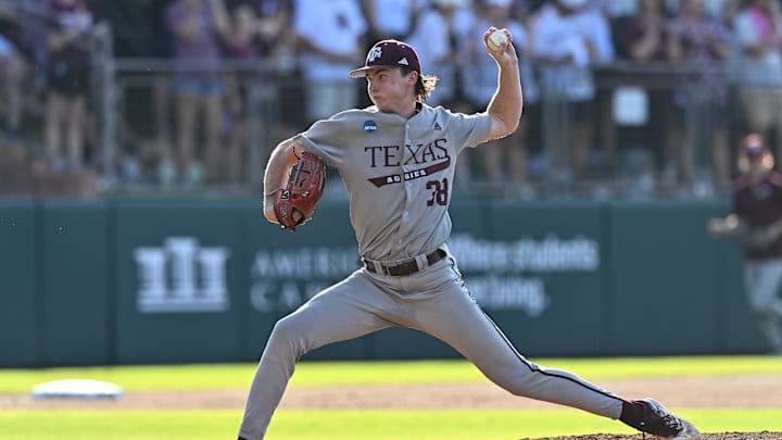 Jun 9, 2024; College Station, TX, USA; Texas A&M pitcher Shane Sdao (38) throws a pitch during the first inning against Oregon at Olsen Field, Blue Bell Park Mandatory Credit: Maria Lysaker-Imagn Images