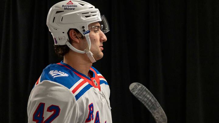 Jan 23, 2026; San Jose, California, USA; New York Rangers center Noah Laba (42) before the start of warm ups against the San Jose Sharks at SAP Center at San Jose. Mandatory Credit: Stan Szeto-Imagn Images Jan 23, 2026; San Jose, California, USA; New York Rangers center Noah Laba (42) before the start of warm ups against the San Jose Sharks at SAP Center at San Jose. Mandatory Credit: Stan Szeto-Imagn Images