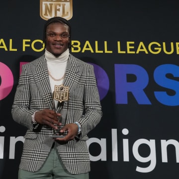 Feb 8, 2024; Las Vegas, NV, USA; Lamar Jackson during the NFL Hall of Fame Class of 2024 press conference at Resorts World Theatre. Mandatory Credit: Kirby Lee-USA TODAY Sports