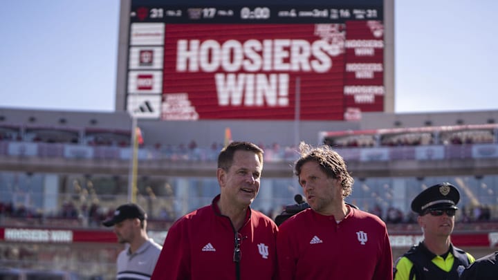 Oct 26, 2024; Bloomington, Indiana, USA; Indiana Hoosiers head coach Curt Cignetti walks back to the locker room after beating the Washington Huskies at Memorial Stadium. Mandatory Credit: Jacob Musselman-Imagn Images