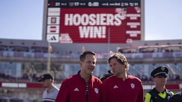 Oct 26, 2024; Bloomington, Indiana, USA; Indiana Hoosiers head coach Curt Cignetti walks back to the locker room after beating the Washington Huskies at Memorial Stadium. Mandatory Credit: Jacob Musselman-Imagn Images