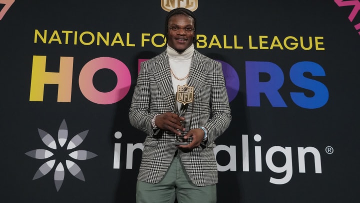 Feb 8, 2024; Las Vegas, NV, USA; Lamar Jackson during the NFL Hall of Fame Class of 2024 press conference at Resorts World Theatre. Mandatory Credit: Kirby Lee-USA TODAY Sports