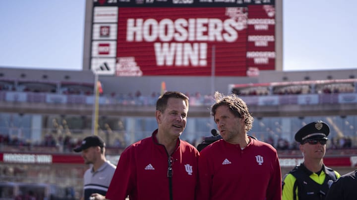 Oct 26, 2024; Bloomington, Indiana, USA; Indiana Hoosiers head coach Curt Cignetti walks back to the locker room after beating the Washington Huskies at Memorial Stadium. Mandatory Credit: Jacob Musselman-Imagn Images