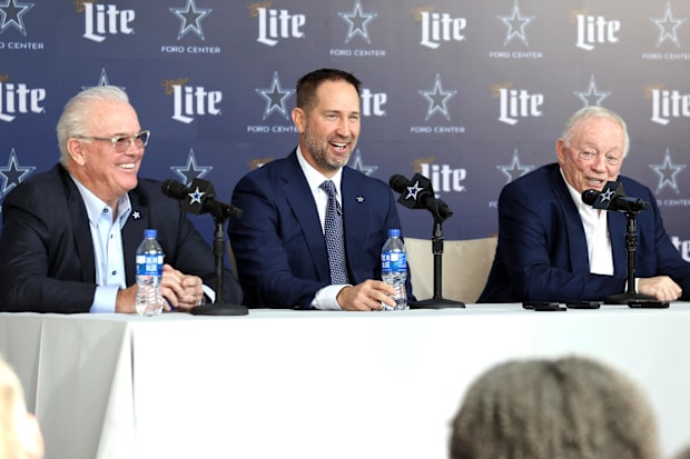 Dallas Cowboys CEO Stephen Jones, head coach Brian Schottenheimer and owner Jerry Jones speak to the media.