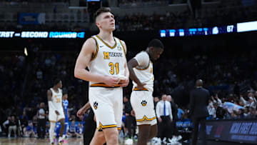 Mar 20, 2025; Wichita, KS, USA; Missouri Tigers guard Caleb Grill (31) reacts after losing to the Drake Bulldogs in a first round men’s NCAA Tournament game at Intrust Bank Arena. Mandatory Credit: Kirby Lee-Imagn Images