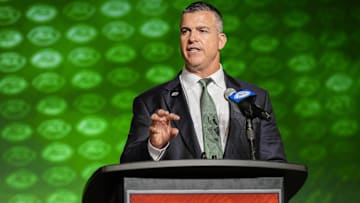 Jul 25, 2023; Charlotte, NC, USA;  Miami head coach Mario Cristobal answers questions during ACC Media Days at The Westin Charlotte. Mandatory Credit: Jim Dedmon-Imagn Images