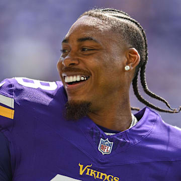 Aug 10, 2024; Minneapolis, Minnesota, USA; Minnesota Vikings wide receiver Justin Jefferson (18) warms up before the game against the Las Vegas Raiders at U.S. Bank Stadium.