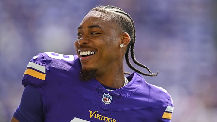 Aug 10, 2024; Minneapolis, Minnesota, USA; Minnesota Vikings wide receiver Justin Jefferson (18) warms up before the game against the Las Vegas Raiders at U.S. Bank Stadium.