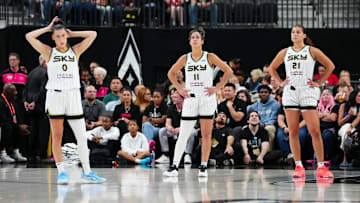 Sep 9, 2025; Las Vegas, Nevada, USA; Chicago Sky guard Sevgi Uzun (0), guard Kia Nurse (11), and forward Maddy Westbeld (21) await an inbound by the Las Vegas Aces during the first quarter at T-Mobile Arena. Mandatory Credit: Stephen R. Sylvanie-Imagn Images