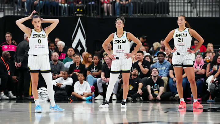 Sep 9, 2025; Las Vegas, Nevada, USA; Chicago Sky guard Sevgi Uzun (0), guard Kia Nurse (11), and forward Maddy Westbeld (21) await an inbound by the Las Vegas Aces during the first quarter at T-Mobile Arena. Mandatory Credit: Stephen R. Sylvanie-Imagn Images