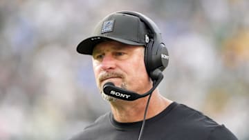 Sep 7, 2025; Green Bay, Wisconsin, USA; Detroit Lions head coach Dan Campbell reacts on the sideline during the fourth quarter at Lambeau Field