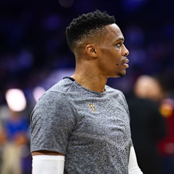 Denver Nuggets guard Russell Westbrook (4) before a game against the Philadelphia 76ers at Wells Fargo Center. 