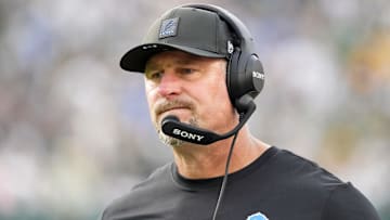Sep 7, 2025; Green Bay, Wisconsin, USA; Detroit Lions head coach Dan Campbell reacts on the sideline during the fourth quarter at Lambeau Field. Mandatory Credit: Jeff Hanisch-Imagn Images