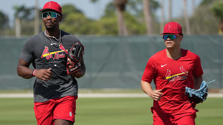 Feb 15, 2023; Jupiter, FL, USA;  St. Louis Cardinals outfielder Jordan Walker, left, and Masyn Winn