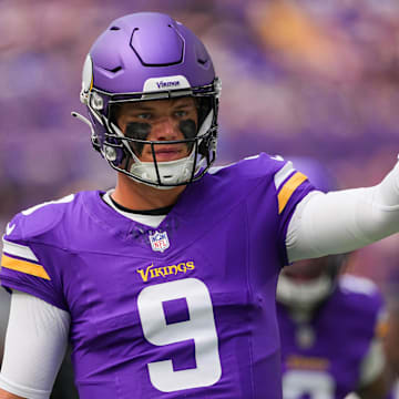 Aug 9, 2025; Minneapolis, Minnesota, USA; Minnesota Vikings quarterback J.J. McCarthy (9) before the game against the Houston Texans at U.S. Bank Stadium.