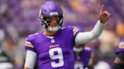 Aug 9, 2025; Minneapolis, Minnesota, USA; Minnesota Vikings quarterback J.J. McCarthy (9) before the game against the Houston Texans at U.S. Bank Stadium. Mandatory Credit: Brad Rempel-Imagn Images