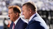 Kirk Herbstreit and Nick Saban sit on the ESPN College Gameday set prior to the NCAA football game between the Penn State Nittany Lions and the Ohio State Buckeyes at Beaver Stadium in University Park, Pa. on Saturday, Nov. 2, 2024.