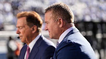 Kirk Herbstreit and Nick Saban sit on the ESPN College Gameday set prior to the NCAA football game between the Penn State Nittany Lions and the Ohio State Buckeyes at Beaver Stadium in University Park, Pa. on Saturday, Nov. 2, 2024.