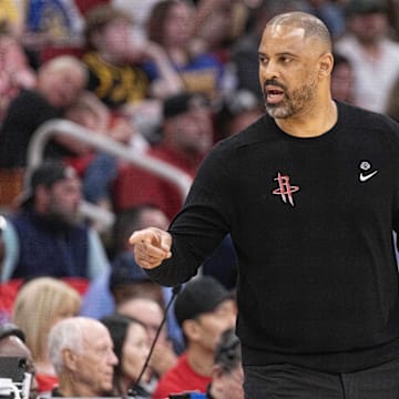 Apr 4, 2024; Houston, Texas, USA; Houston Rockets head coach Ime Udoka coaches against the Golden State Warriors in the second half at Toyota Center. Mandatory Credit: Thomas Shea-Imagn Images