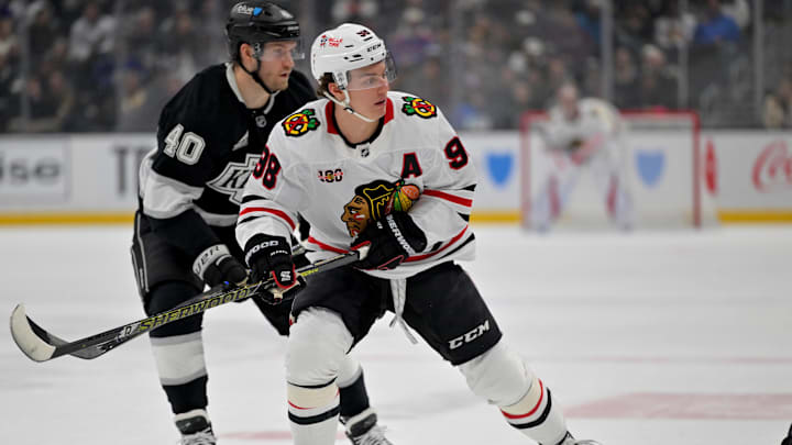 Dec 4, 2025; Los Angeles, California, USA; Chicago Blackhawks center Connor Bedard (98) during the first period against the Los Angeles Kings at Crypto.com Arena. Mandatory Credit: Jayne Kamin-Oncea-Imagn Images Dec 4, 2025; Los Angeles, California, USA; Chicago Blackhawks center Connor Bedard (98) during the first period against the Los Angeles Kings at Crypto.com Arena. Mandatory Credit: Jayne Kamin-Oncea-Imagn Images