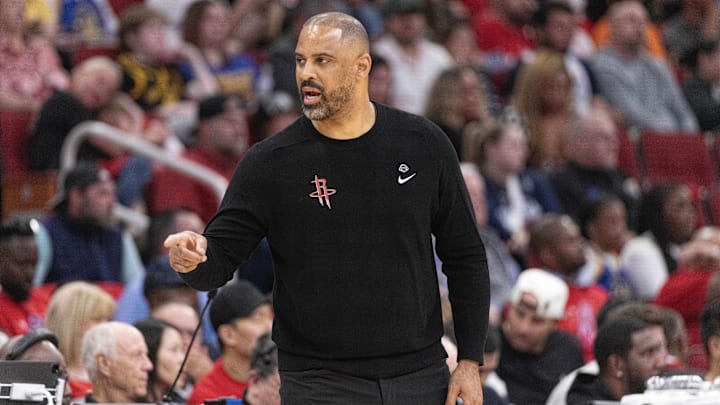 Apr 4, 2024; Houston, Texas, USA; Houston Rockets head coach Ime Udoka coaches against the Golden State Warriors in the second half at Toyota Center. Mandatory Credit: Thomas Shea-Imagn Images