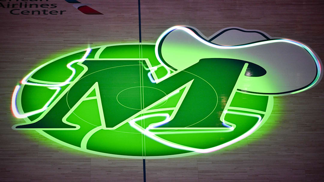 Oct 27, 2025; Dallas, Texas, USA; A view of the Dallas Mavericks logo at center court before the game between the Mavericks and the Oklahoma City Thunder at the American Airlines Center. Mandatory Credit: Jerome Miron-Imagn Images