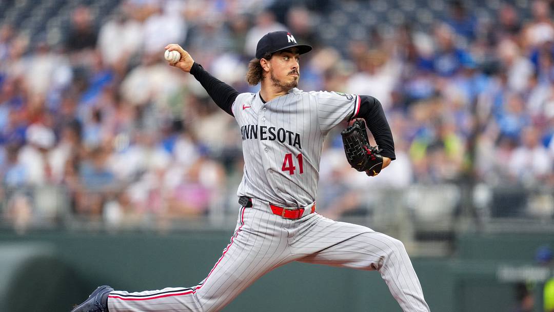 Aug 4, 2026; Kansas City, Missouri, USA; Minnesota Twins pitcher Joe Ryan (41) pitches during the first inning against the Kansas City Royals at Kauffman Stadium. Mandatory Credit: Jay Biggerstaff-Imagn Images