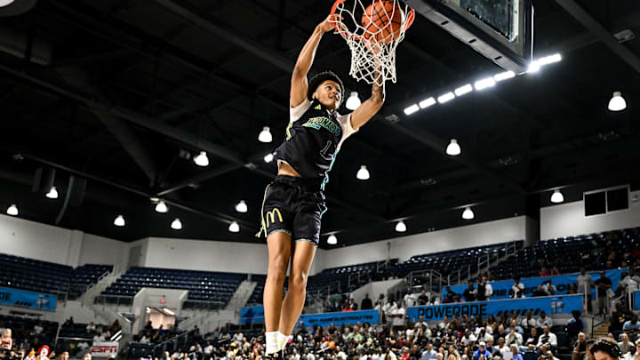 Apr 1, 2024; Houston, TX, USA; McDonald's All American East guard Jalil Bethea (1) in action during the dunk competition during the 2024 McDonalds High School All American Powerade Jam Fest at Delmar Fieldhouse. Mandatory Credit: Maria Lysaker-Imagn Images
