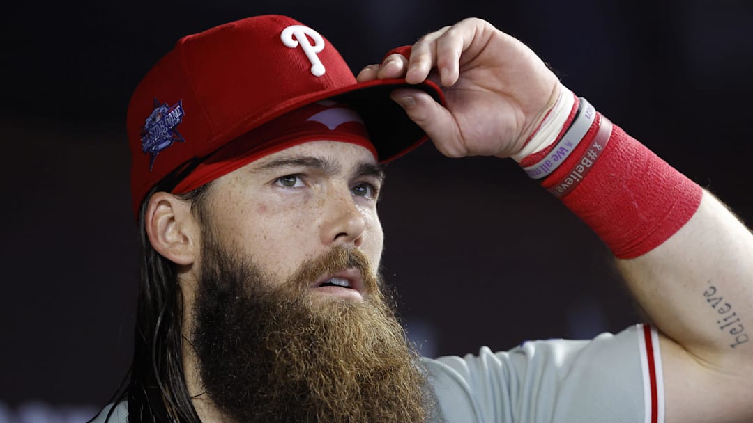 May 3, 2026; Miami, Florida, USA;  Philadelphia Phillies center fielder Brandon Marsh (16) stands in the dugout against the Miami Marlins during the fourth at loanDepot Park. Mandatory Credit: Rhona Wise-Imagn Images