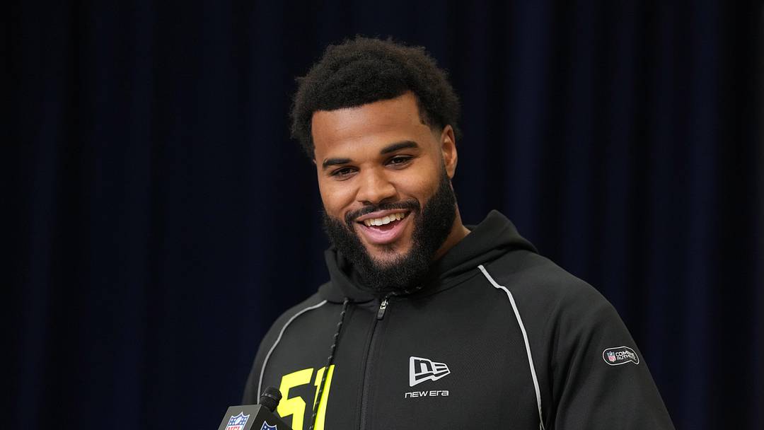 Feb 25, 2026; Indianapolis, IN, USA; Miami defensive lineman Akheem Mesidor (DL51) speaks during the NFL Scouting Combine at the Indiana Convention Center. Mandatory Credit: Kirby Lee-Imagn Images