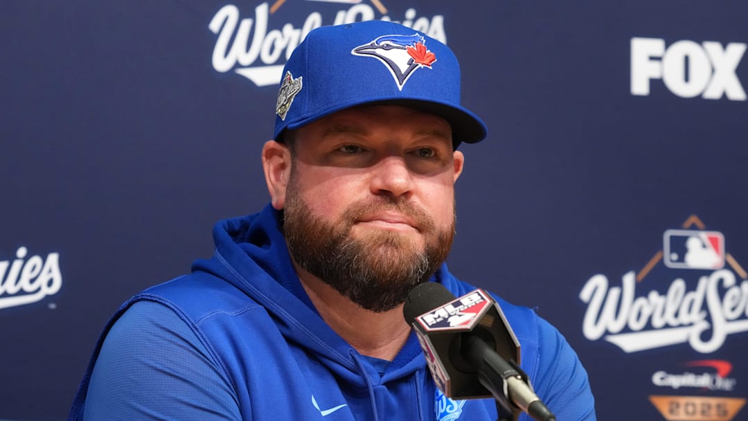 Toronto Blue Jays manager John Schneider at press conference during game five of the 2025 MLB World Series at Dodger Stadium. 