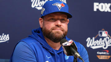 Oct 29, 2025; Los Angeles, California, USA;Toronto Blue Jays manager John Schneider at press conference during game five of the 2025 MLB World Series at Dodger Stadium.