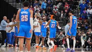 Nov 4, 2025; Inglewood, California, USA; Oklahoma City Thunder guard Shai Gilgeous-Alexander (2), guard Aaron Wiggins (21) and center Chet Holmgren (7) celebrate against the LA Clippers in the second half at Intuit Dome. Mandatory Credit: Kirby Lee-Imagn Images